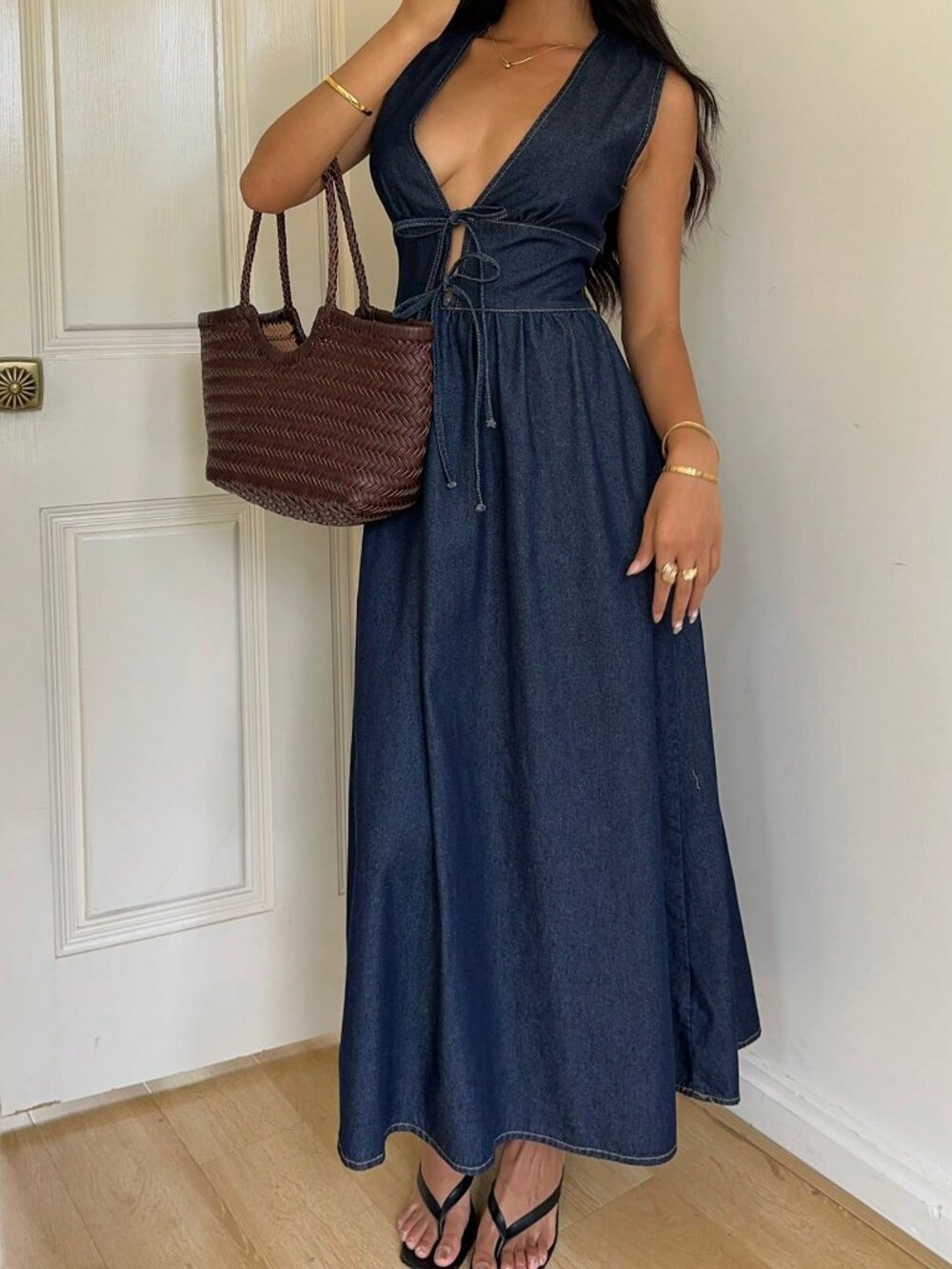 Blue Casual Women's Deep V Neck Sleeveless Denim Wrap Dress - Picture 8 of 8
